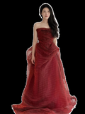 Simple A Line Strapless Tulle Burgundy Long Prom Dresses HZ1024