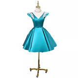 Modest A line V Neckline Blue Satin Birthday Outfits Homecoming Dress HZ1024