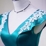 Modest A line V Neckline Blue Satin Birthday Outfits Homecoming Dress HZ1024