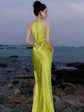 Sexy Mermaid Halter Bud Green Silk Satin Long Prom Dress HZ1024