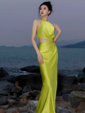 Sexy Mermaid Halter Bud Green Silk Satin Long Prom Dress HZ1024