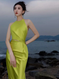 Sexy Mermaid Halter Bud Green Silk Satin Long Prom Dress HZ1024