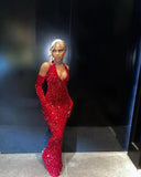 Sexy Mermaid Halter Red Sequin Long Prom Dress With Gloves HZ1024