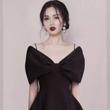 Sexy A line Spaghetti Straps Black Satin Birthday Outfit Homecoming Dresses HZ1024