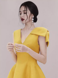 Sexy A line V Neckline Yellow Satin Birthday Outfit Homecoming Dresses HZ1024