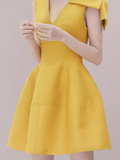 Sexy A line V Neckline Yellow Satin Birthday Outfit Homecoming Dresses HZ1024