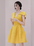 Sexy A line V Neckline Yellow Satin Birthday Outfit Homecoming Dresses HZ1024