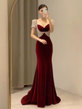 Simple Mermaid Burgundy Velvet Long Prom Dresses HZ1024