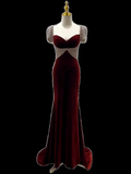 Simple Mermaid Burgundy Velvet Long Prom Dresses HZ1024