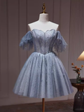 Sexy A line Off The Shoulder Tulle Gray Blue Homecoming Dresses HZ1024