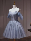 Sexy A line Off The Shoulder Tulle Gray Blue Homecoming Dresses HZ1024