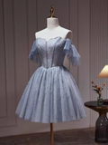 Sexy A line Off The Shoulder Tulle Gray Blue Homecoming Dresses HZ1024