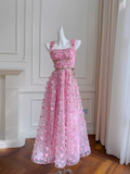 Cute A Line Pink Tulle Flowers Long Prom Dress HZ1024