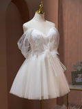 Sexy A line Off The Shoulder Tulle White Short Homecoming Dresses HZ1024