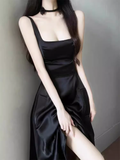 Simple A Line Straps Sleeveless Slit Black Prom Dress HZ1024