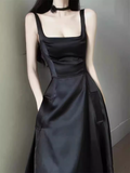 Simple A Line Straps Sleeveless Slit Black Prom Dress HZ1024