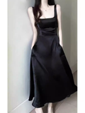 Simple A Line Straps Sleeveless Slit Black Prom Dress HZ1024