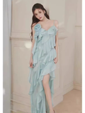 Simple A Line Spaghetti Straps Sleeveless Slit Chiffon Prom Dress HZ1024