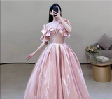 Simple Ball Gown Off The Shoulder Pink Long Prom Dresses HZ1024