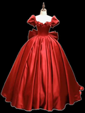 Simple Ball Gown Red Satin Long Prom Dresses HZ1024