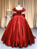 Simple Ball Gown Red Satin Long Prom Dresses HZ1024