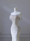 Elegant Mermaid Off The Shoulder White Long Tulle Wedding Dresses With Beads HZ1024