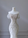 Elegant Mermaid Off The Shoulder White Long Tulle Wedding Dresses With Beads HZ1024