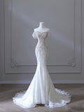 Elegant Mermaid Off The Shoulder White Long Tulle Wedding Dresses With Beads HZ1024