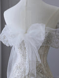 Elegant Mermaid Off The Shoulder White Long Tulle Wedding Dresses With Beads HZ1024