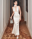 Simple Mermaid Sleeveless Satin White Long Prom Dresses HZ1024