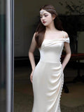 Vintage Mermaid Sleeveless Silk Satin Long Prom Dresses HZ1024