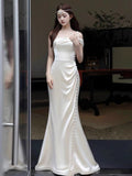 Vintage Mermaid Sleeveless Silk Satin Long Prom Dresses HZ1024