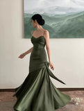 Vintage Sheath Straps Green Satin Long Prom Dresses HZ1024