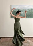 Vintage Sheath Straps Green Satin Long Prom Dresses HZ1024