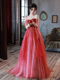 Simple A line Off The Shoulder Long Red Tulle Prom Dresses HZ1024