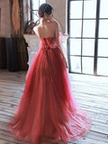 Simple A line Off The Shoulder Long Red Tulle Prom Dresses HZ1024