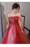 Simple A line Off The Shoulder Long Red Tulle Prom Dresses HZ1024