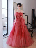 Simple A line Off The Shoulder Long Red Tulle Prom Dresses HZ1024