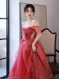 Simple A line Off The Shoulder Long Red Tulle Prom Dresses HZ1024