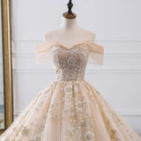 Luxury Ball Gown Off The Shoulder Lace Long Prom Dresses HZ1024