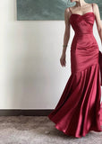Vintage Sheath Straps Burgundy Satin Long Prom Dresses HZ1024