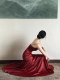 Vintage Sheath Straps Burgundy Satin Long Prom Dresses HZ1024