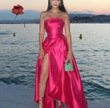Pretty A line Strapless Hot Pink Slit Satin Prom Dresses Formal Evening Dress HZ1024
