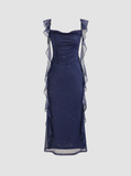 Elegant Sheath Square Neckline Navy Blue Chiffon Ruffles Prom Dresses Formal Dress HZ1024