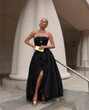 Fancy Sheath Strapless Satin Slit Black Sexy Long Prom Dresses HZ1024