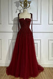 Burgundy Prom Dresses A line Straps Tulle Evening Dresses HZ1022
