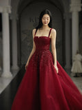 Burgundy Prom Dresses A line Straps Tulle Evening Dresses HZ1022