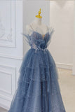 Luxury A line Spaghetti Straps Grey Blue Floor Length Prom Dresses HZ1024