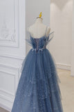 Luxury A line Spaghetti Straps Grey Blue Floor Length Prom Dresses HZ1024