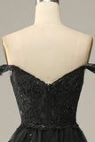 A line Off Shoulder Black Lace Long Prom Dress With High Slit HZ1022